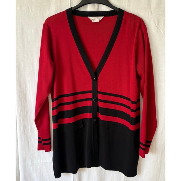 Exclusively Misook Red Black Cardigan Sweater Acrylic Size Medium - Picture 1 of 6